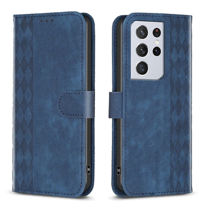 Samsung Galaxy S21 Ultra 5G Case - Embossed Plaid Leather Wallet Cover with Card Slots, Kickstand, and 360 degree Protection