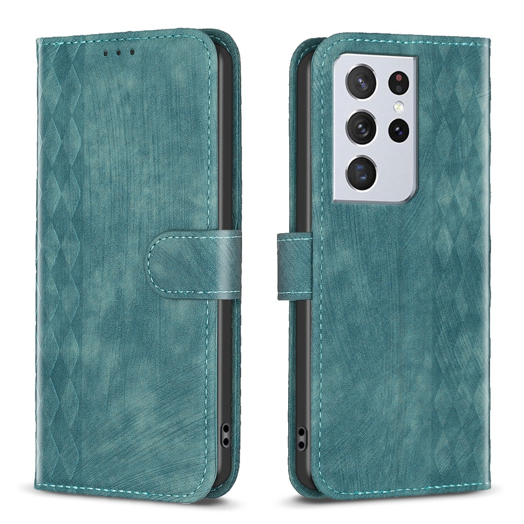 Samsung Galaxy S21 Ultra 5G Case - Embossed Plaid Leather Wallet Cover with Card Slots, Kickstand, and 360 degree Protection