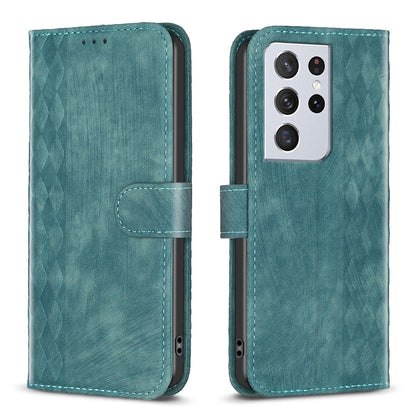 Samsung Galaxy S21 Ultra 5G Case - Embossed Plaid Leather Wallet Cover with Card Slots, Kickstand, and 360 degree Protection