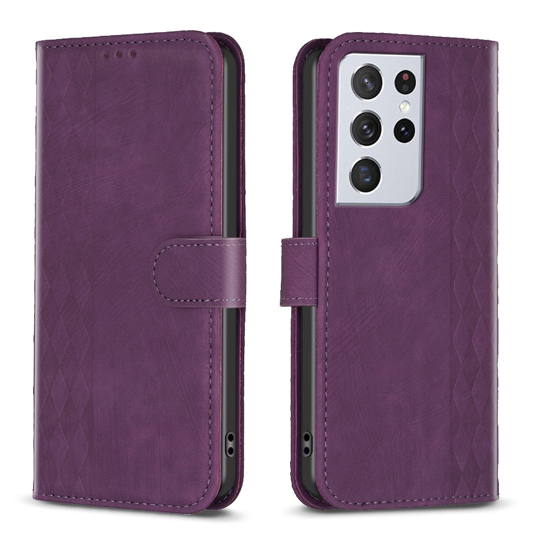 Samsung Galaxy S21 Ultra 5G Case - Embossed Plaid Leather Wallet Cover with Card Slots, Kickstand, and 360 degree Protection