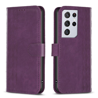 Samsung Galaxy S21 Ultra 5G Case - Embossed Plaid Leather Wallet Cover with Card Slots, Kickstand, and 360 degree Protection