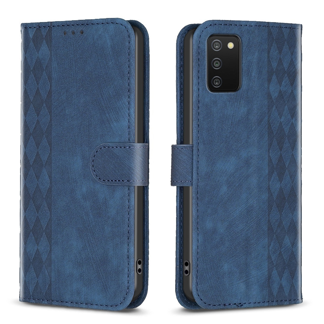 Samsung Galaxy A02s Case - Embossed Plaid Leather Wallet Cover with Card Slots, Kickstand, and 360 degree Protection