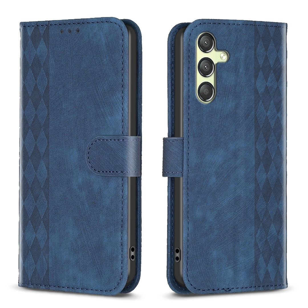 Samsung Galaxy A24 4G Case - Embossed Plaid Leather Wallet Cover with Card Slots, Kickstand, and 360 degree Protection