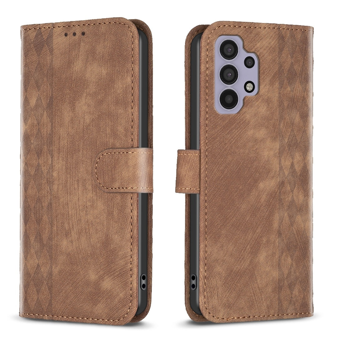 Samsung Galaxy A32 4G Case - Embossed Plaid Leather Wallet Cover with Card Slots, Kickstand, and 360 degree Protection