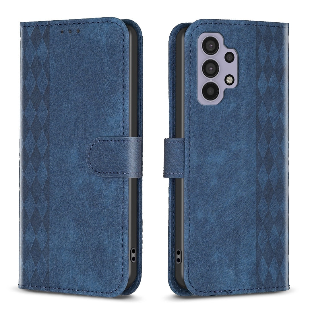 Samsung Galaxy A32 4G Case - Embossed Plaid Leather Wallet Cover with Card Slots, Kickstand, and 360 degree Protection