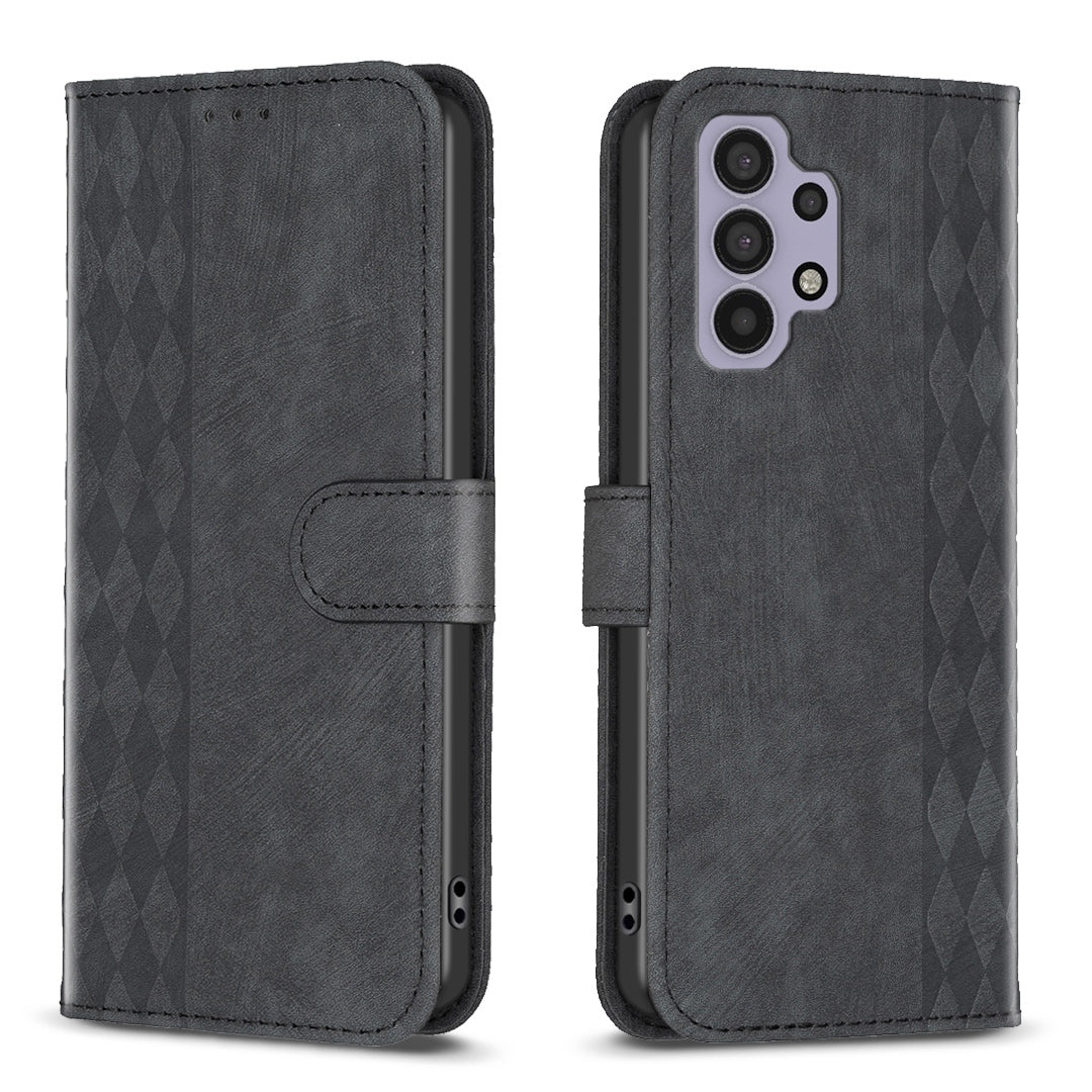 Samsung Galaxy A32 4G Case - Embossed Plaid Leather Wallet Cover with Card Slots, Kickstand, and 360 degree Protection