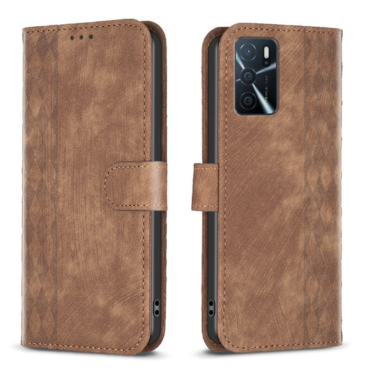 OPPO A16s Case - Embossed Plaid Leather Wallet Cover with Card Slots, Kickstand, and 360 degree Protection