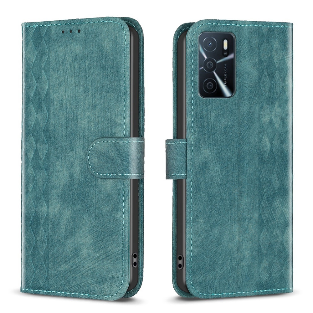 OPPO A55 Case - Embossed Plaid Leather Wallet Cover with Card Slots, Kickstand, and 360 degree Protection
