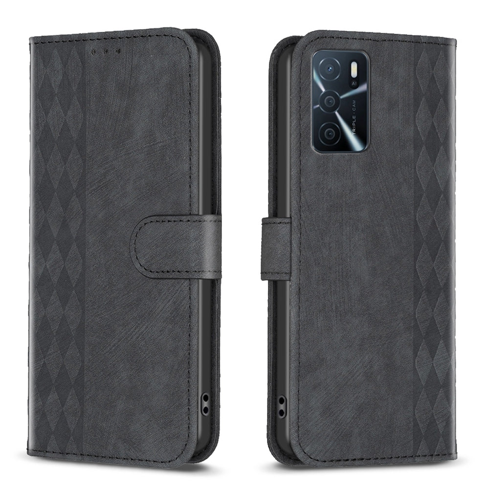 OPPO A55 Case - Embossed Plaid Leather Wallet Cover with Card Slots, Kickstand, and 360 degree Protection
