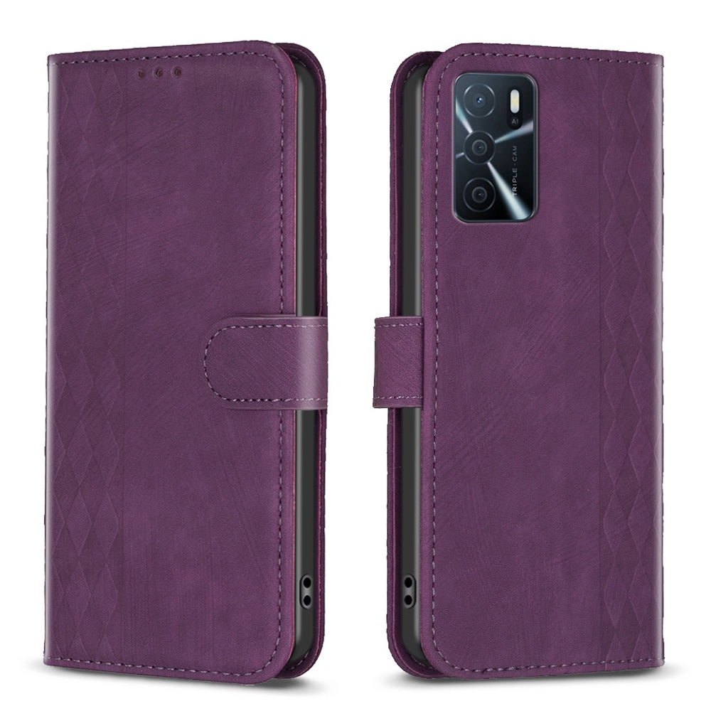 OPPO A55 Case - Embossed Plaid Leather Wallet Cover with Card Slots, Kickstand, and 360 degree Protection