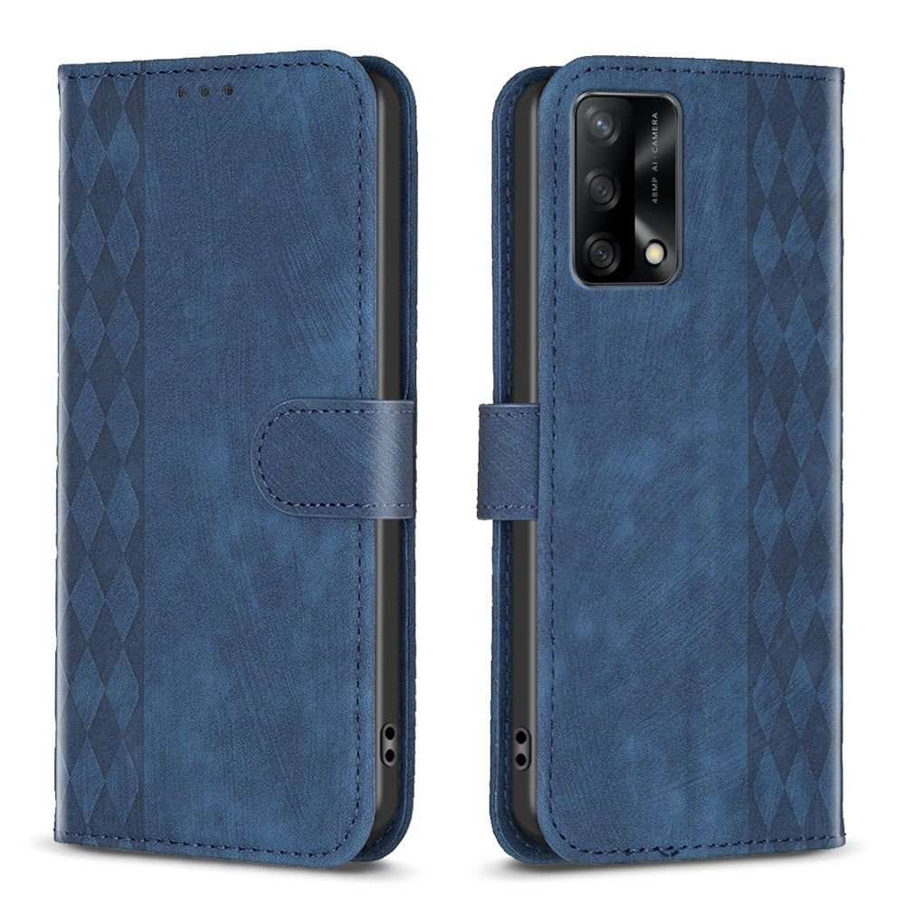 OPPO F19 4G Case - Embossed Plaid Leather Wallet Cover with Card Slots, Kickstand, and 360 degree Protection