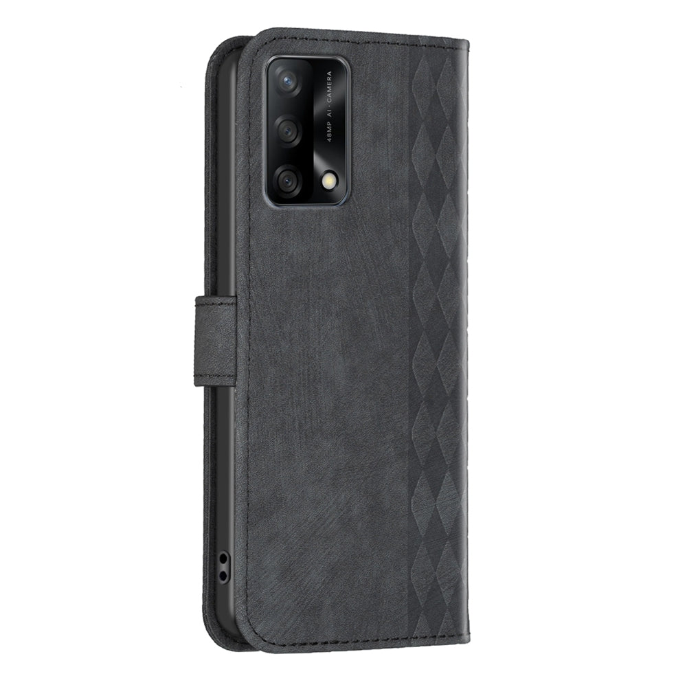 OPPO F19 4G Case - Embossed Plaid Leather Wallet Cover with Card Slots, Kickstand, and 360 degree Protection