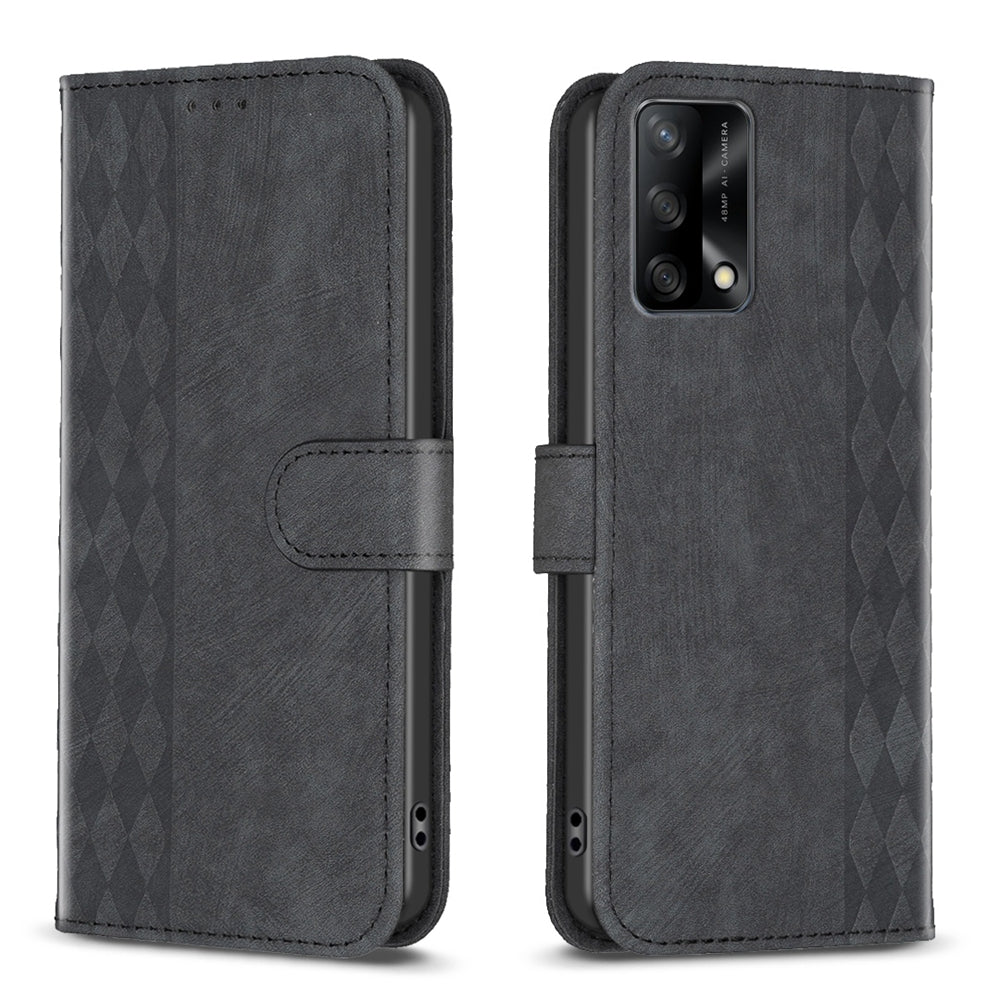 OPPO F19 4G Case - Embossed Plaid Leather Wallet Cover with Card Slots, Kickstand, and 360 degree Protection