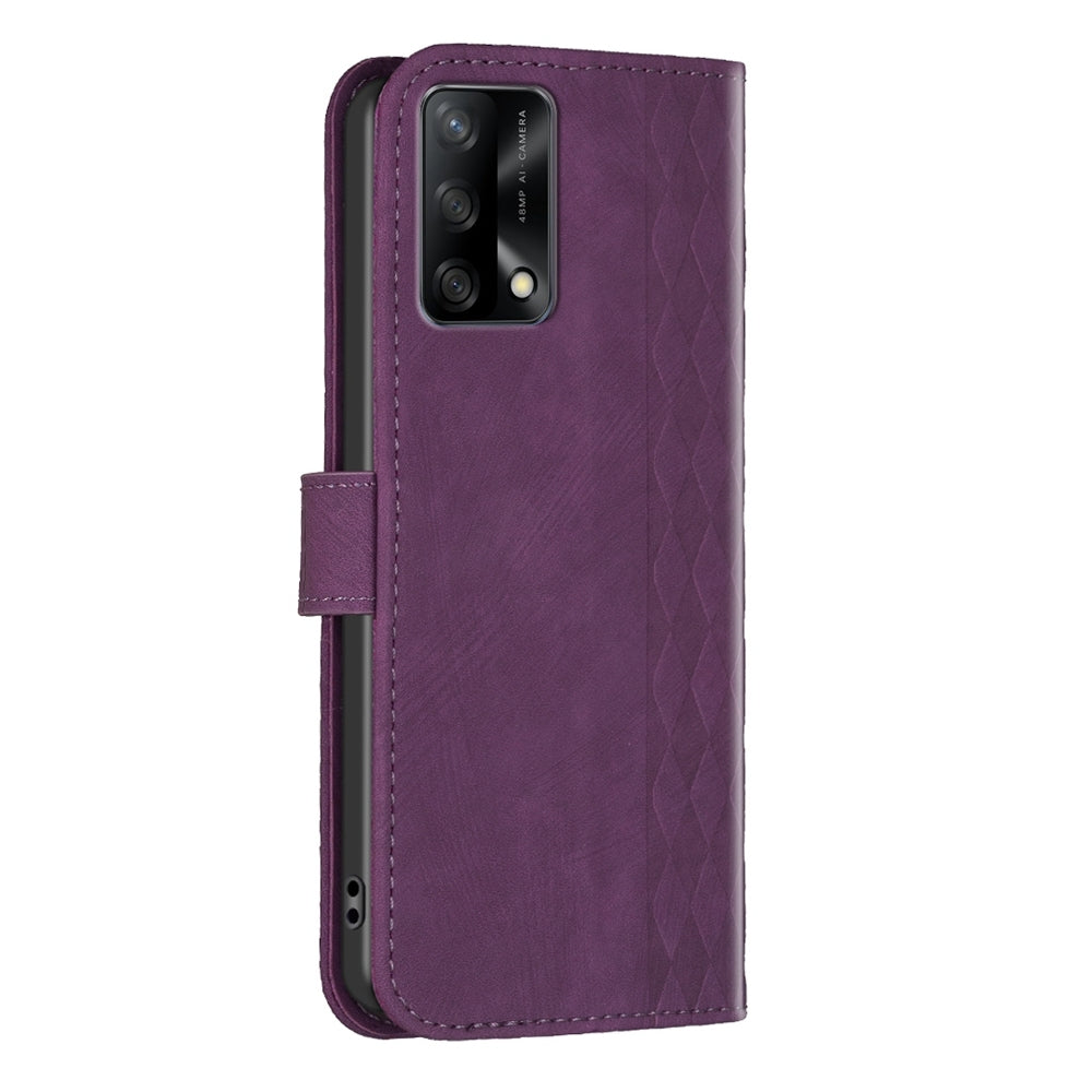 OPPO F19 4G Case - Embossed Plaid Leather Wallet Cover with Card Slots, Kickstand, and 360 degree Protection