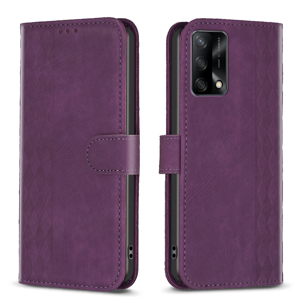OPPO F19 4G Case - Embossed Plaid Leather Wallet Cover with Card Slots, Kickstand, and 360 degree Protection