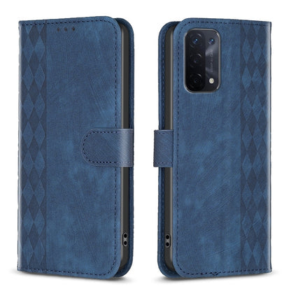 OPPO A74 5G Case - Embossed Plaid Leather Wallet Cover with Card Slots, Kickstand, and 360 degree Protection