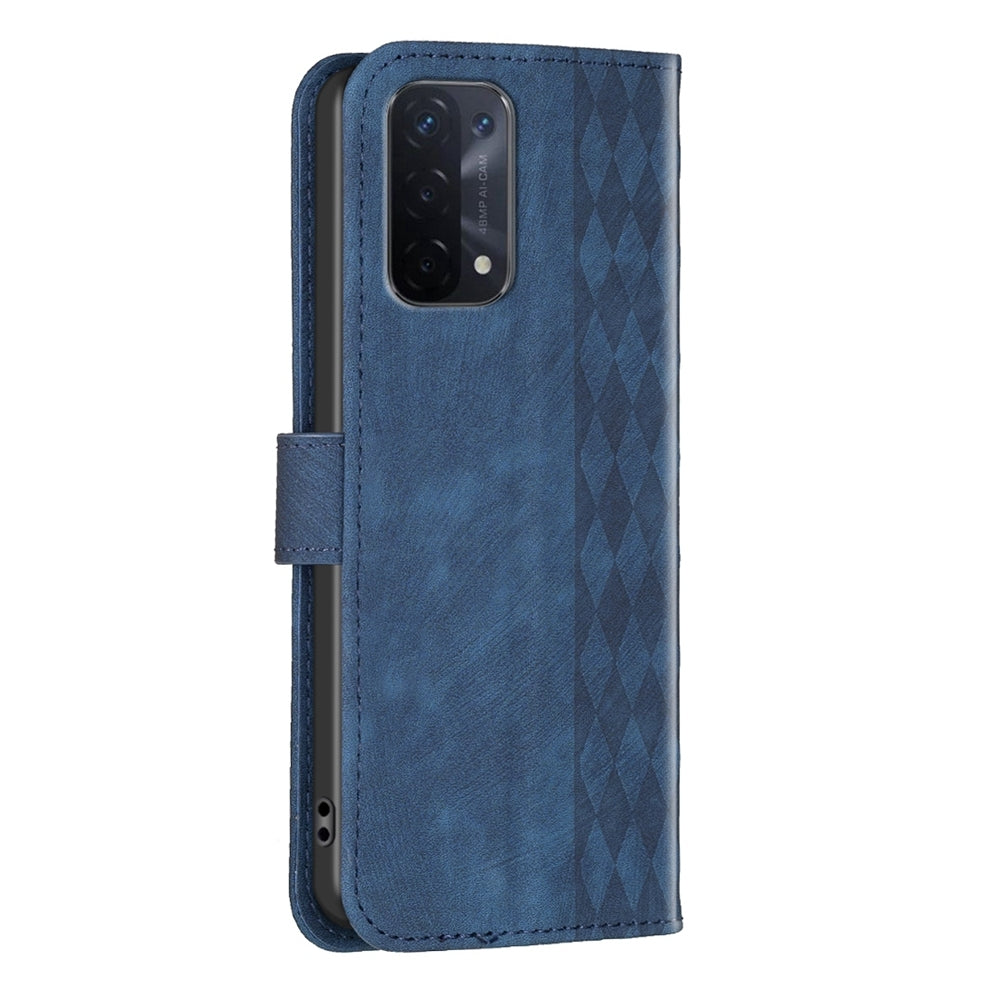 OPPO A54 5G Case - Embossed Plaid Leather Wallet Cover with Card Slots, Kickstand, and 360 degree Protection