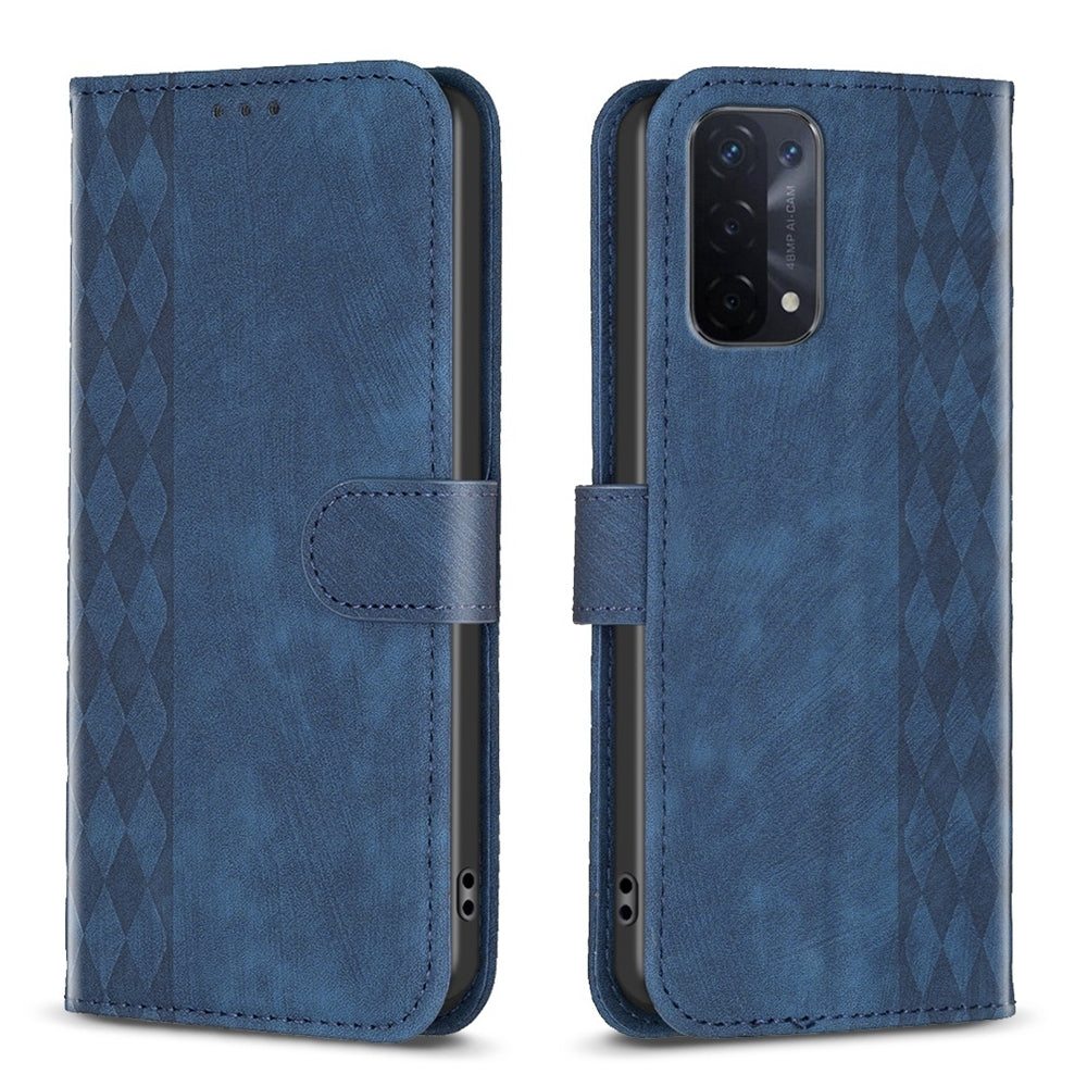 OPPO A54 5G Case - Embossed Plaid Leather Wallet Cover with Card Slots, Kickstand, and 360 degree Protection