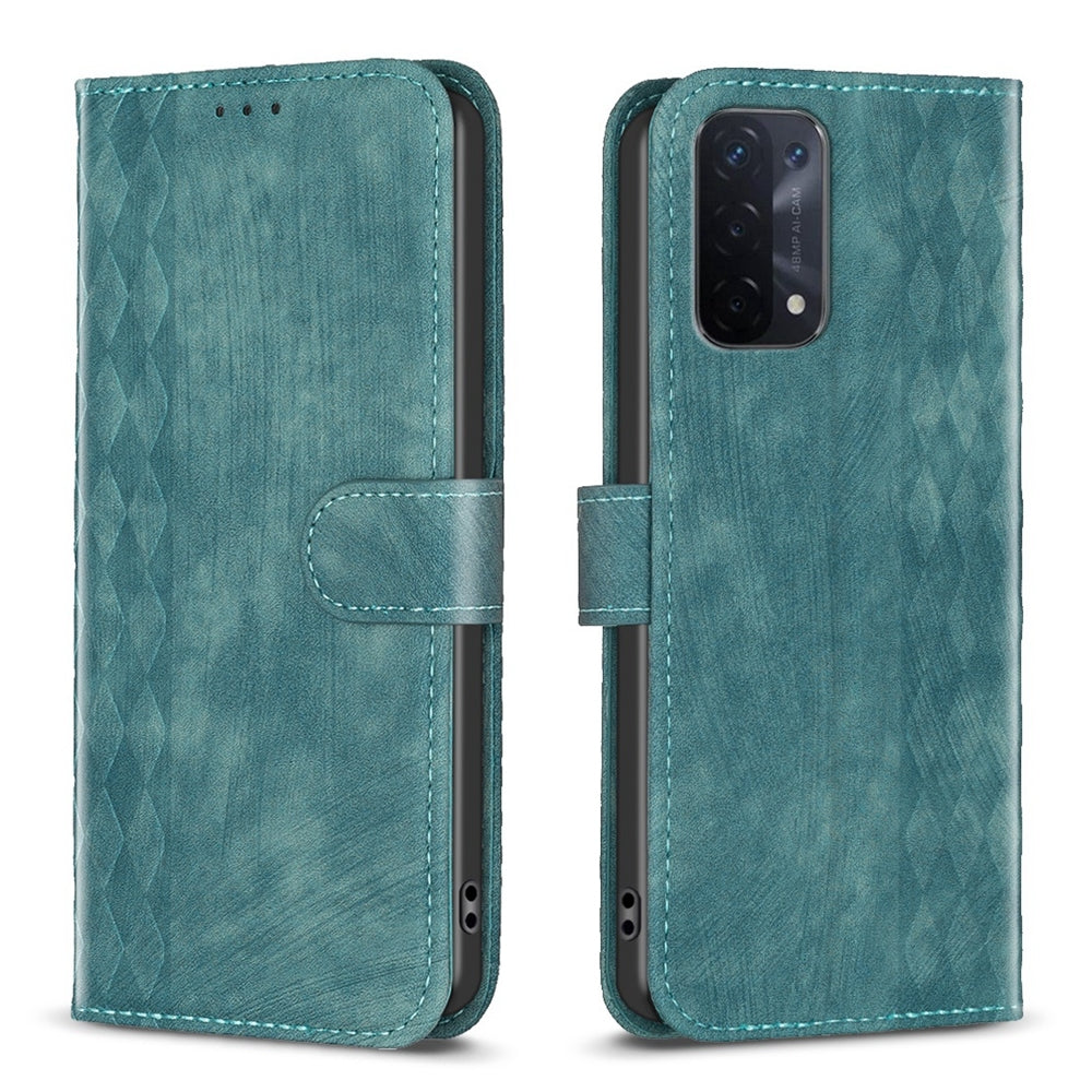 OPPO A54 5G Case - Embossed Plaid Leather Wallet Cover with Card Slots, Kickstand, and 360 degree Protection
