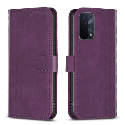 OPPO A54 5G Case - Embossed Plaid Leather Wallet Cover with Card Slots, Kickstand, and 360 degree Protection