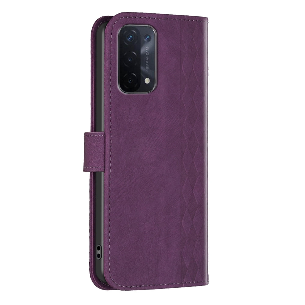 OPPO A54 5G Case - Embossed Plaid Leather Wallet Cover with Card Slots, Kickstand, and 360 degree Protection