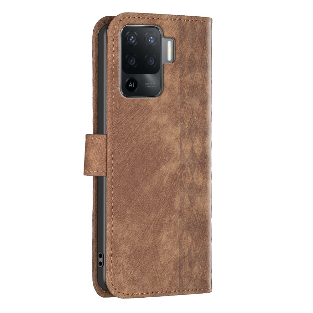 OPPO Reno5 F Case - Embossed Plaid Leather Wallet Cover with Card Slots, Kickstand, and 360 degree Protection