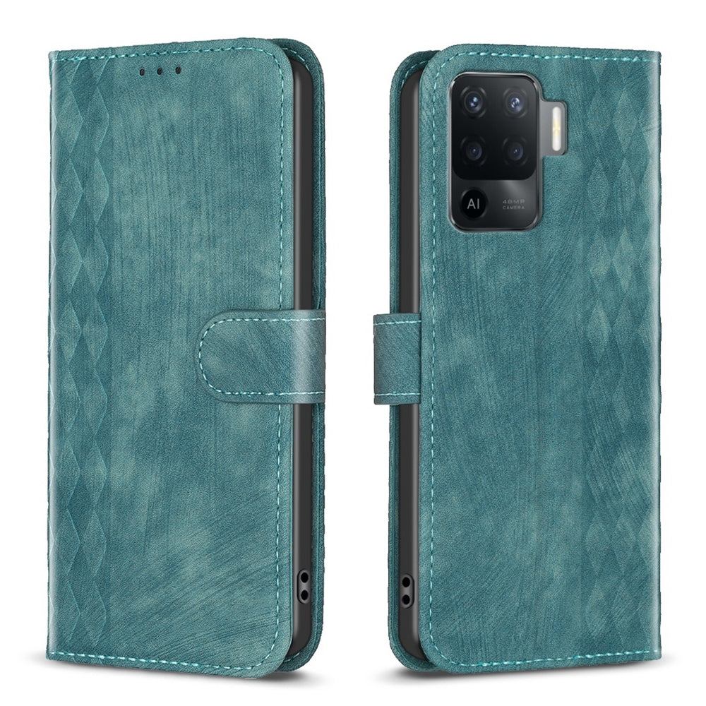 OPPO Reno5 F Case - Embossed Plaid Leather Wallet Cover with Card Slots, Kickstand, and 360 degree Protection