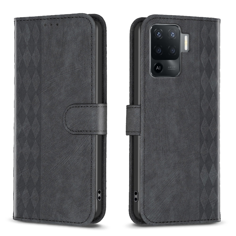 OPPO A94 4G Case - Embossed Plaid Leather Wallet Cover with Card Slots, Kickstand, and 360 degree Protection