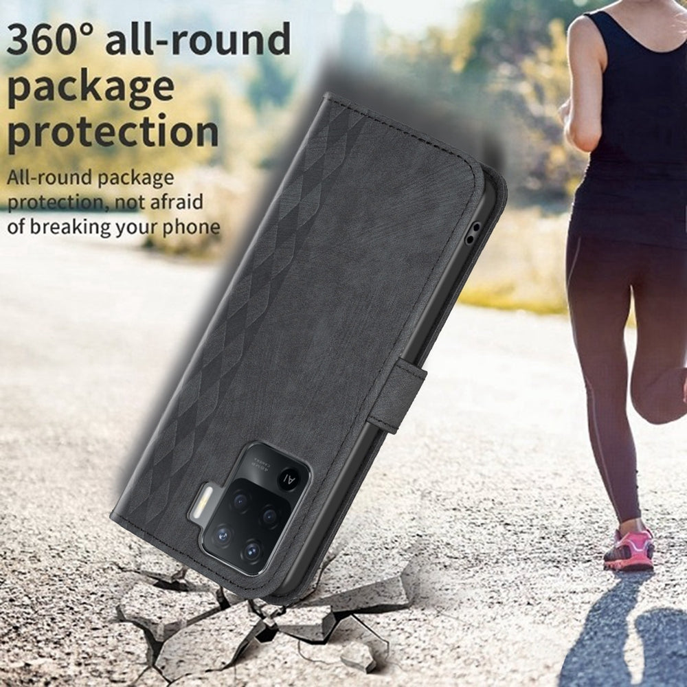 OPPO Reno5 F Case - Embossed Plaid Leather Wallet Cover with Card Slots, Kickstand, and 360 degree Protection