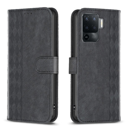 OPPO Reno5 F Case - Embossed Plaid Leather Wallet Cover with Card Slots, Kickstand, and 360 degree Protection