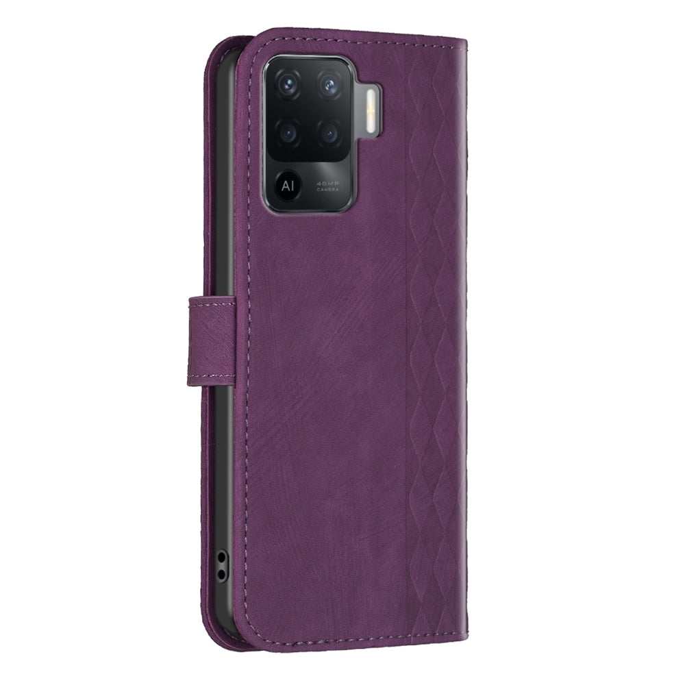 OPPO Reno5 F Case - Embossed Plaid Leather Wallet Cover with Card Slots, Kickstand, and 360 degree Protection