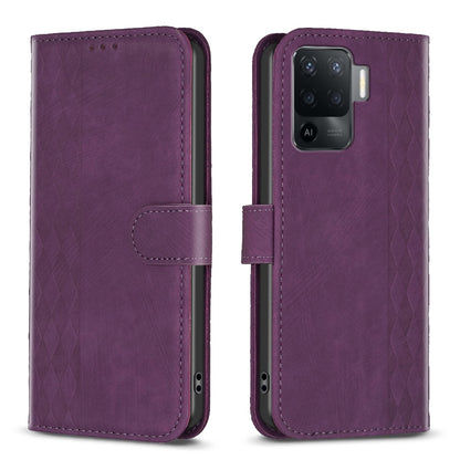 OPPO Reno5 F Case - Embossed Plaid Leather Wallet Cover with Card Slots, Kickstand, and 360 degree Protection