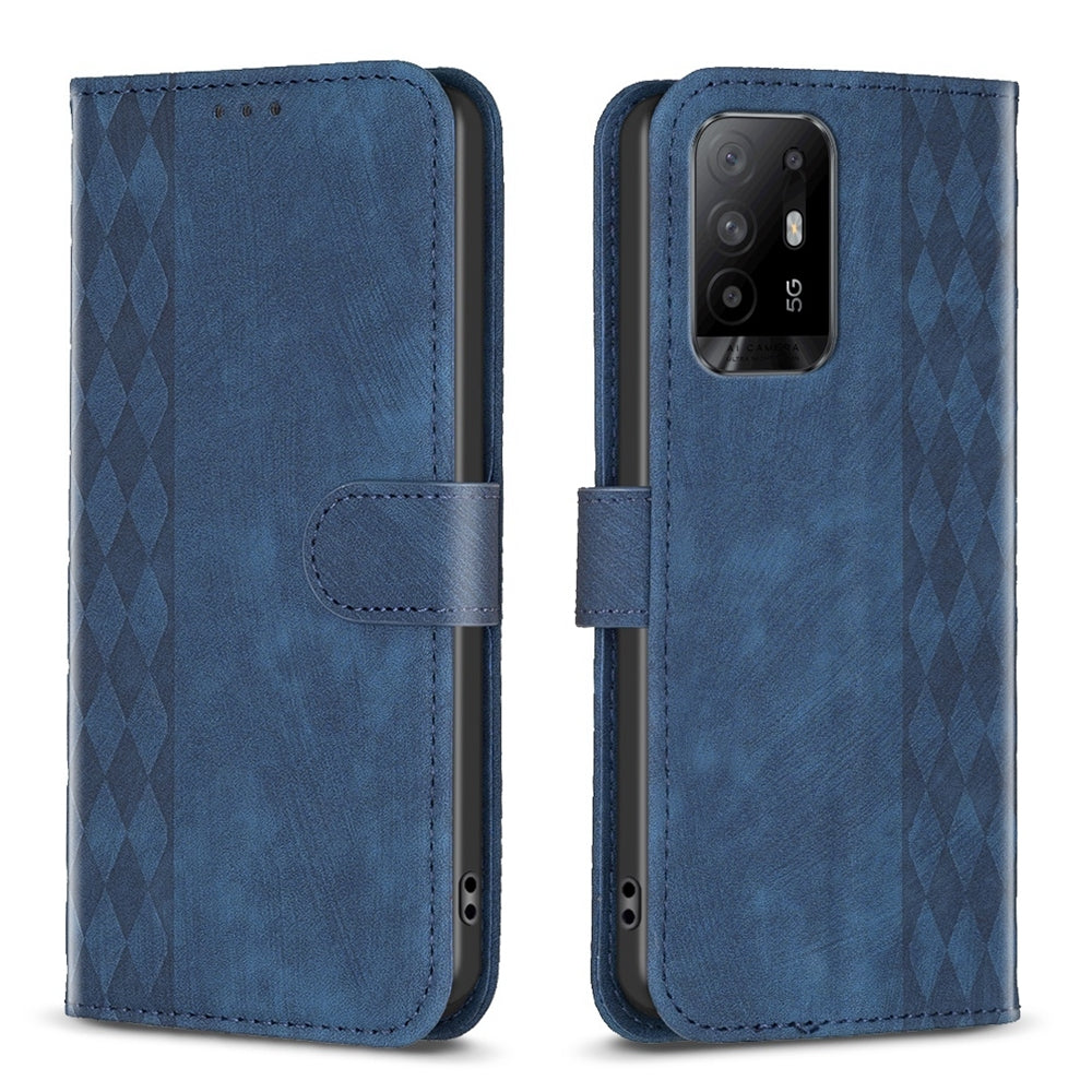 OPPO F19 Pro+ 5G Case - Embossed Plaid Leather Wallet Cover with Card Slots, Kickstand, and 360 degree Protection