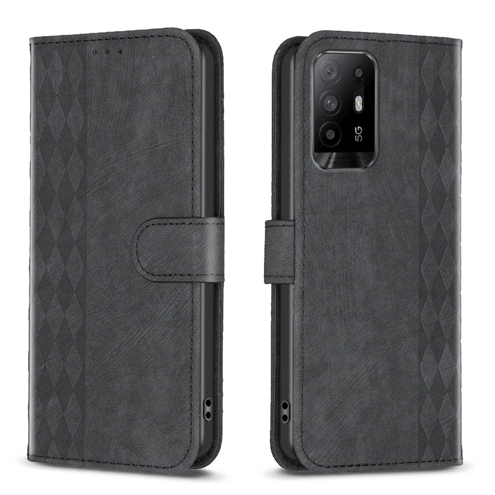OPPO A94 5G Case - Embossed Plaid Leather Wallet Cover with Card Slots, Kickstand, and 360 degree Protection