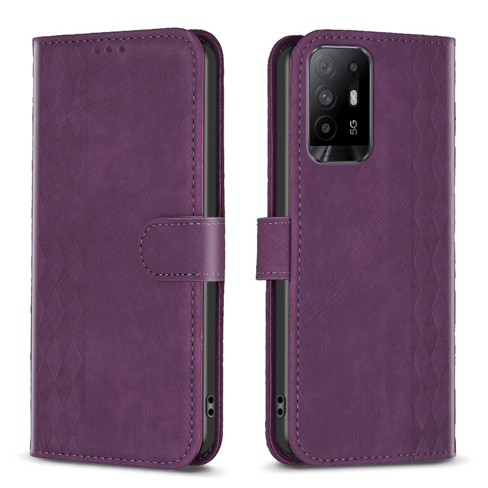 OPPO F19 Pro+ 5G Case - Embossed Plaid Leather Wallet Cover with Card Slots, Kickstand, and 360 degree Protection