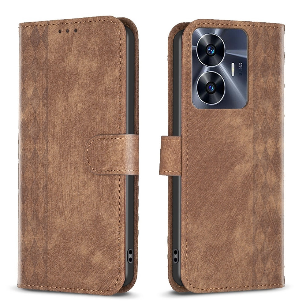 Realme C55 Case - Embossed Plaid Leather Wallet Cover with Card Slots, Kickstand, and 360 degree Protection