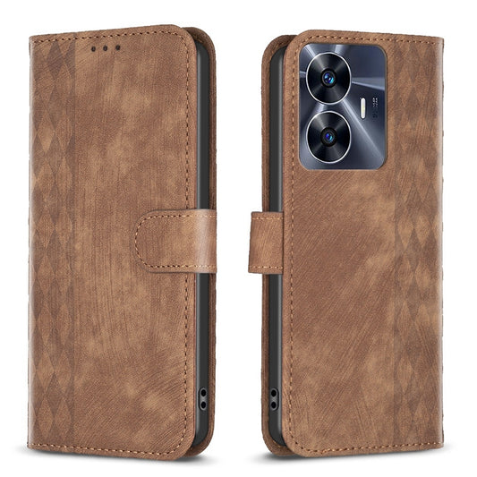 Realme C55 Case - Embossed Plaid Leather Wallet Cover with Card Slots, Kickstand, and 360 degree Protection