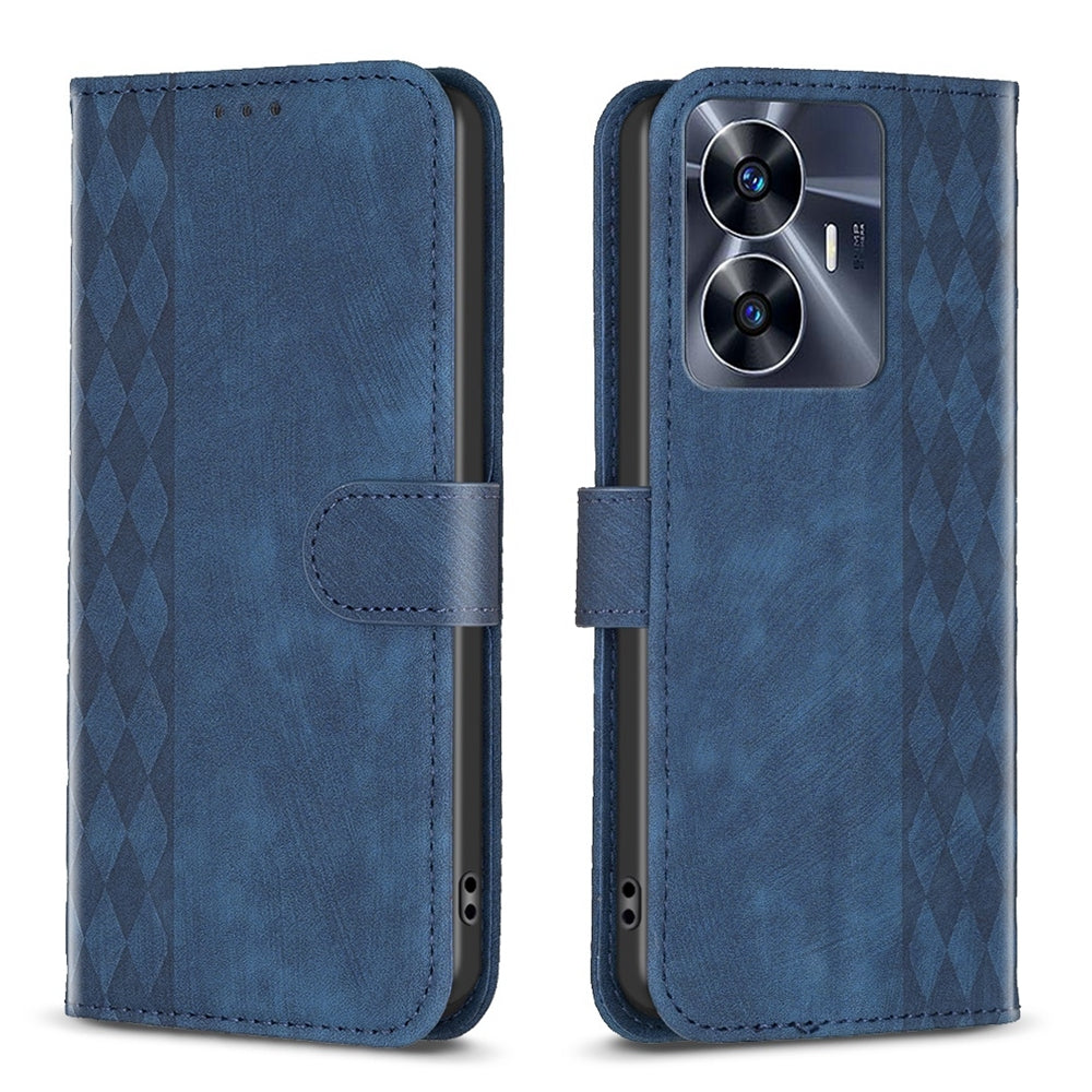 Realme C55 Case - Embossed Plaid Leather Wallet Cover with Card Slots, Kickstand, and 360 degree Protection