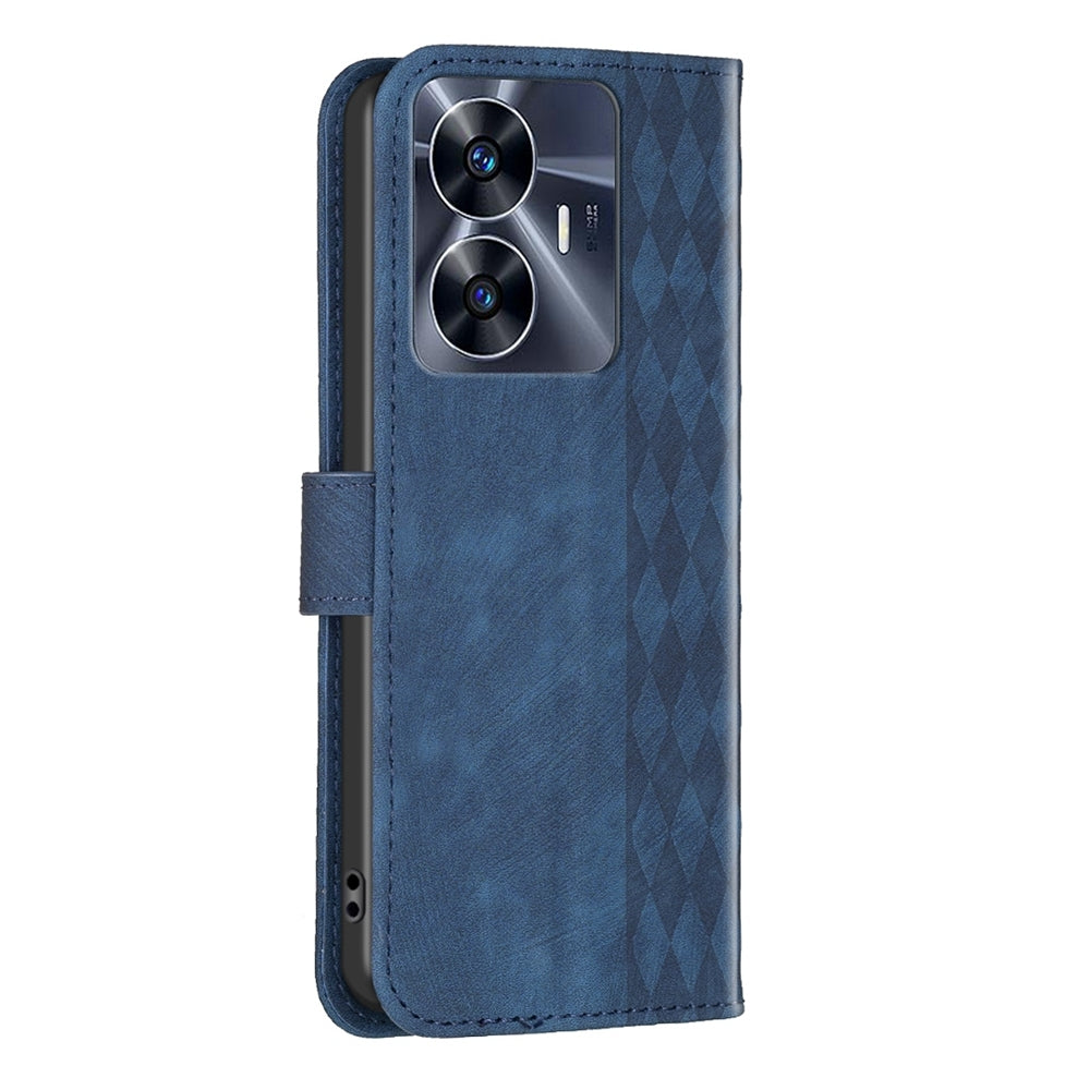 Realme C55 Case - Embossed Plaid Leather Wallet Cover with Card Slots, Kickstand, and 360 degree Protection