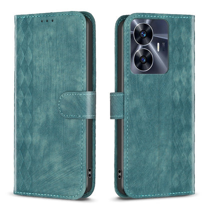 Realme C55 Case - Embossed Plaid Leather Wallet Cover with Card Slots, Kickstand, and 360 degree Protection