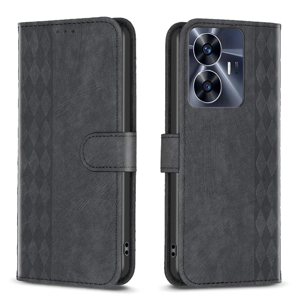 Realme C55 Case - Embossed Plaid Leather Wallet Cover with Card Slots, Kickstand, and 360 degree Protection
