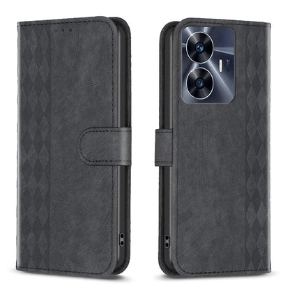 Realme C55 Case - Embossed Plaid Leather Wallet Cover with Card Slots, Kickstand, and 360 degree Protection