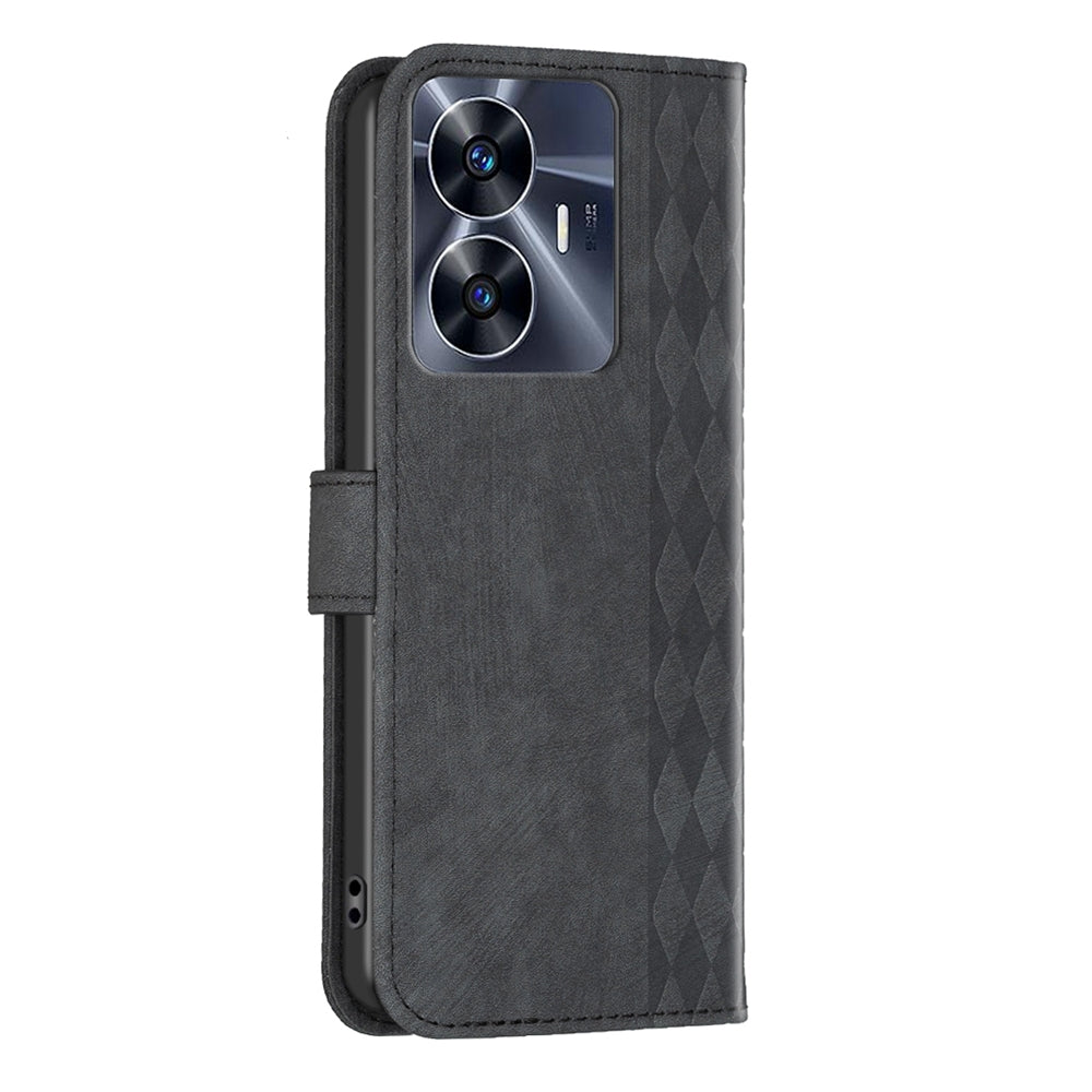 Realme C55 Case - Embossed Plaid Leather Wallet Cover with Card Slots, Kickstand, and 360 degree Protection