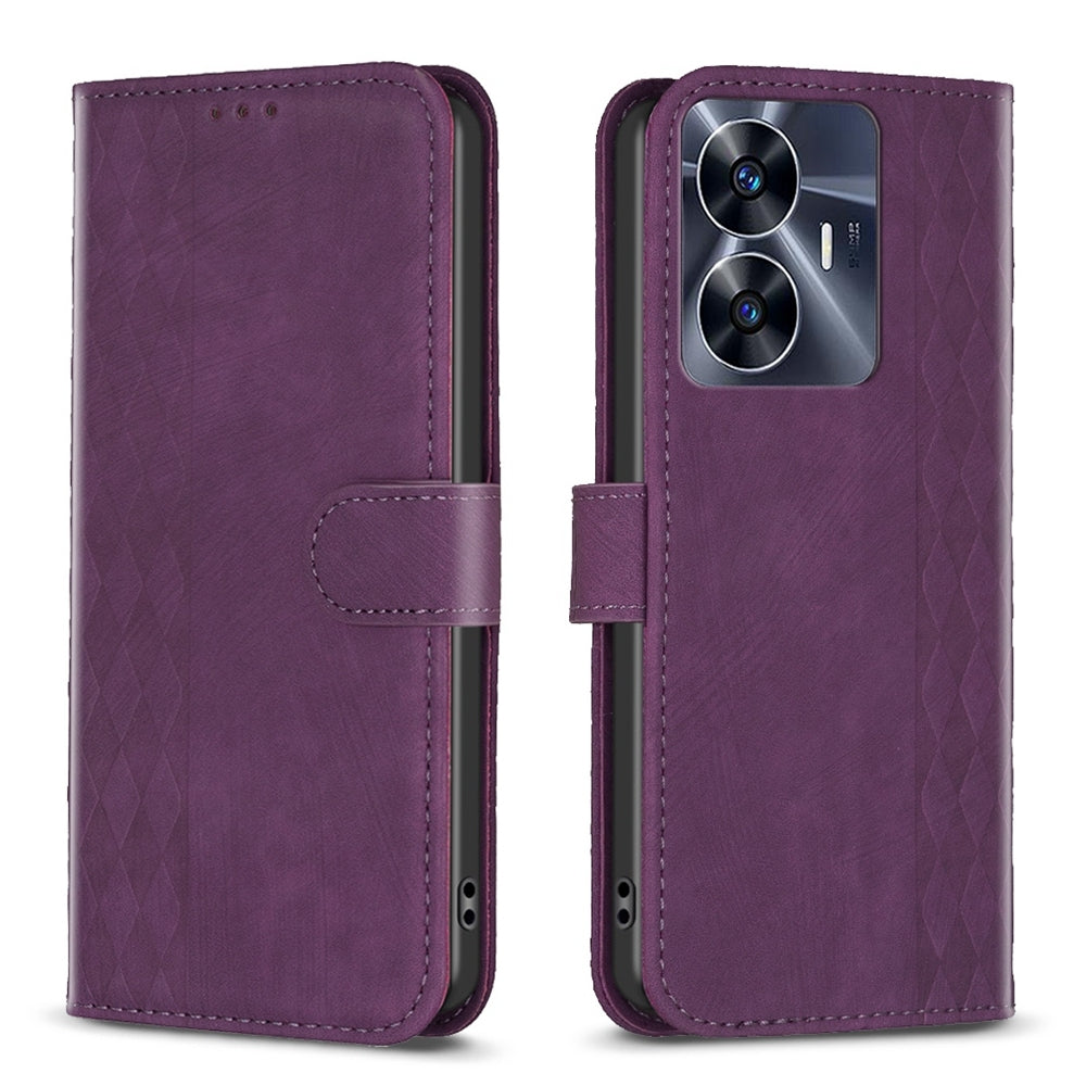 Realme C55 Case - Embossed Plaid Leather Wallet Cover with Card Slots, Kickstand, and 360 degree Protection
