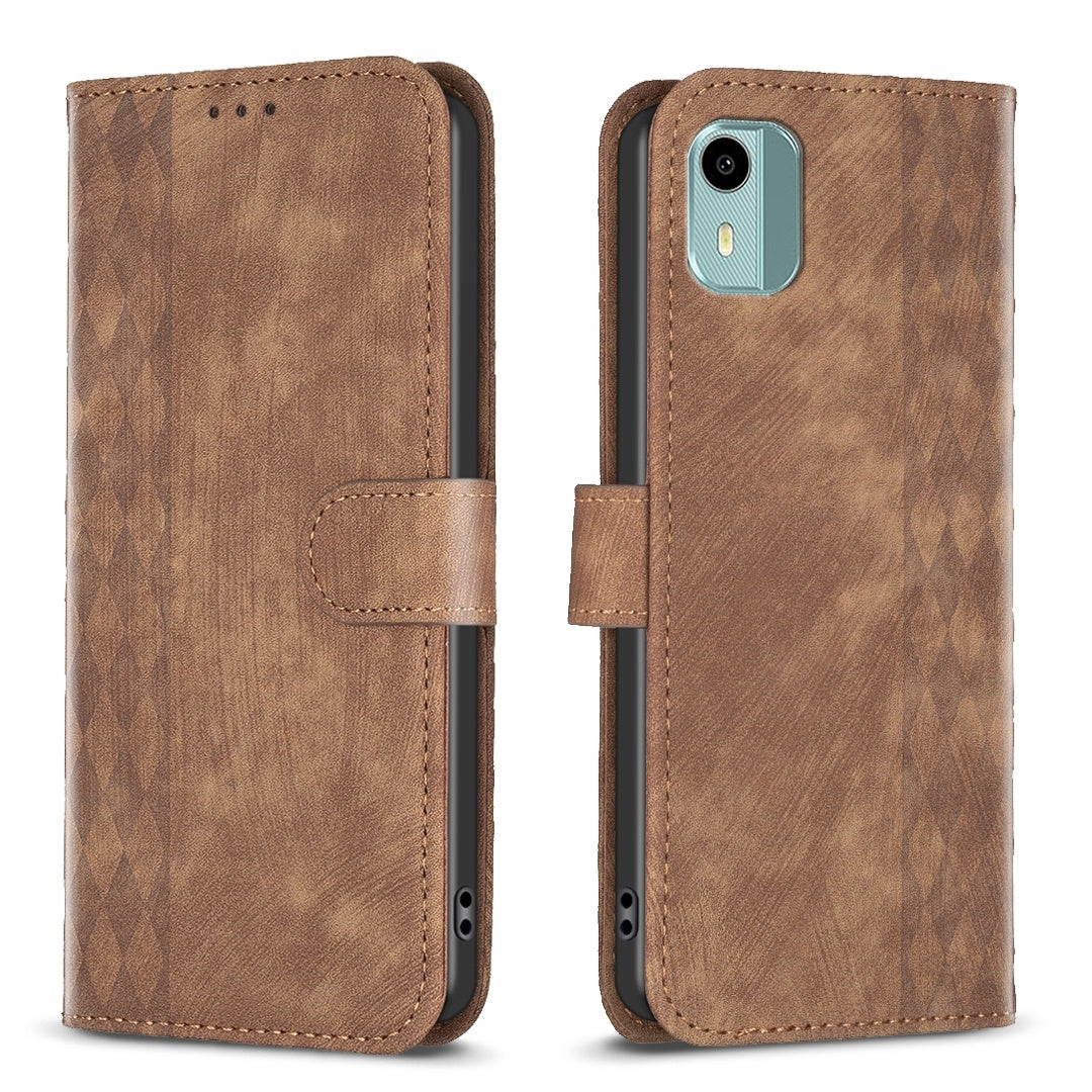 Nokia C12 Case - Embossed Plaid Leather Wallet Cover with Card Slots, Kickstand, and 360 degree Protection