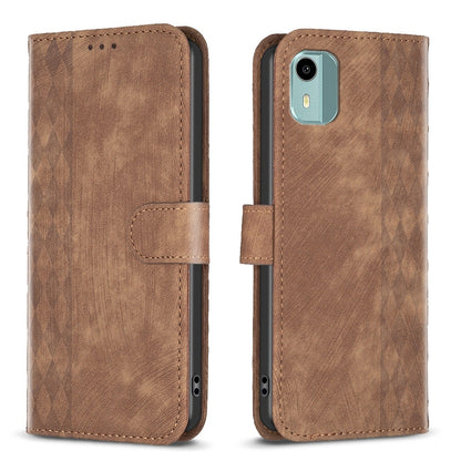 Nokia C12 Case - Embossed Plaid Leather Wallet Cover with Card Slots, Kickstand, and 360 degree Protection