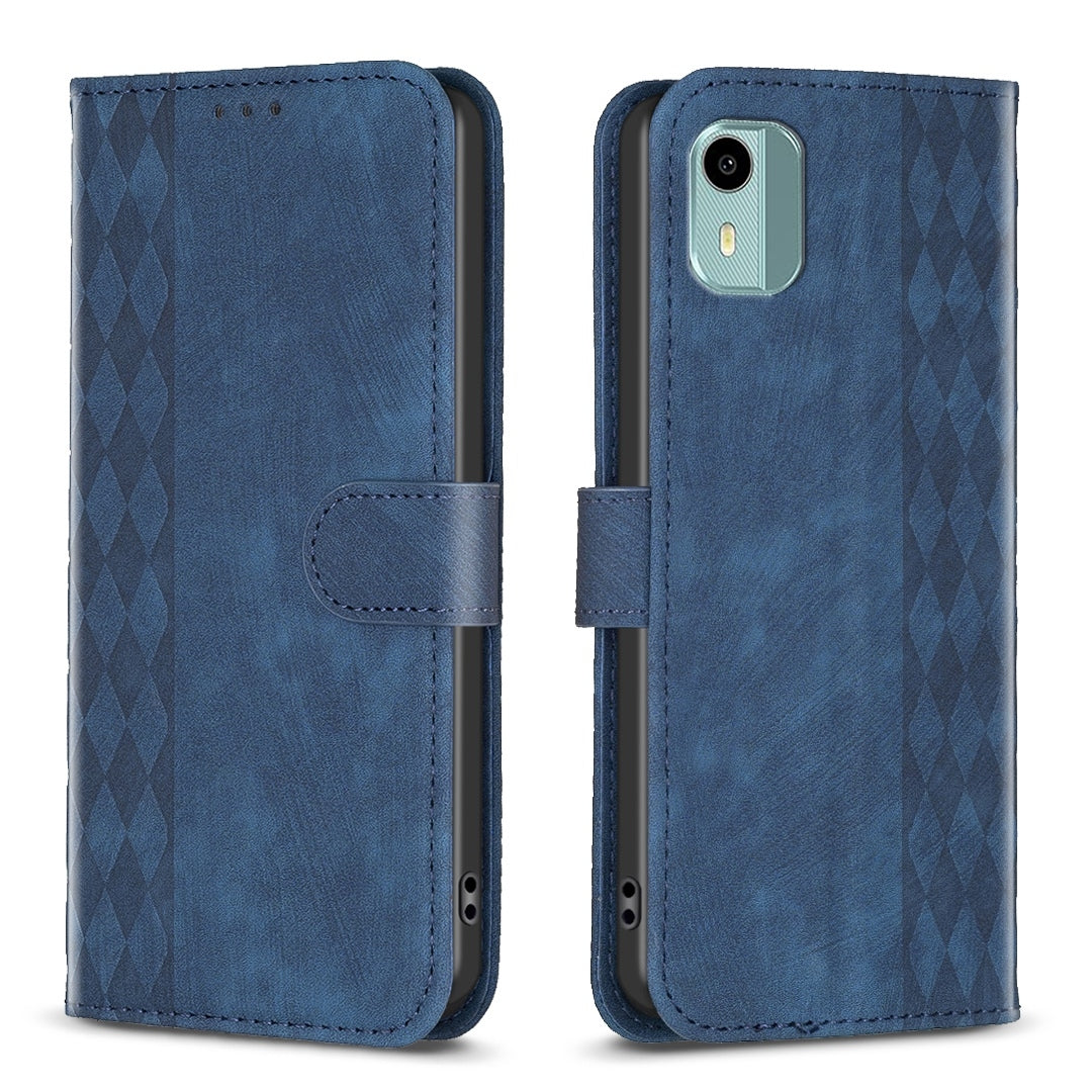 Nokia C12 Case - Embossed Plaid Leather Wallet Cover with Card Slots, Kickstand, and 360 degree Protection