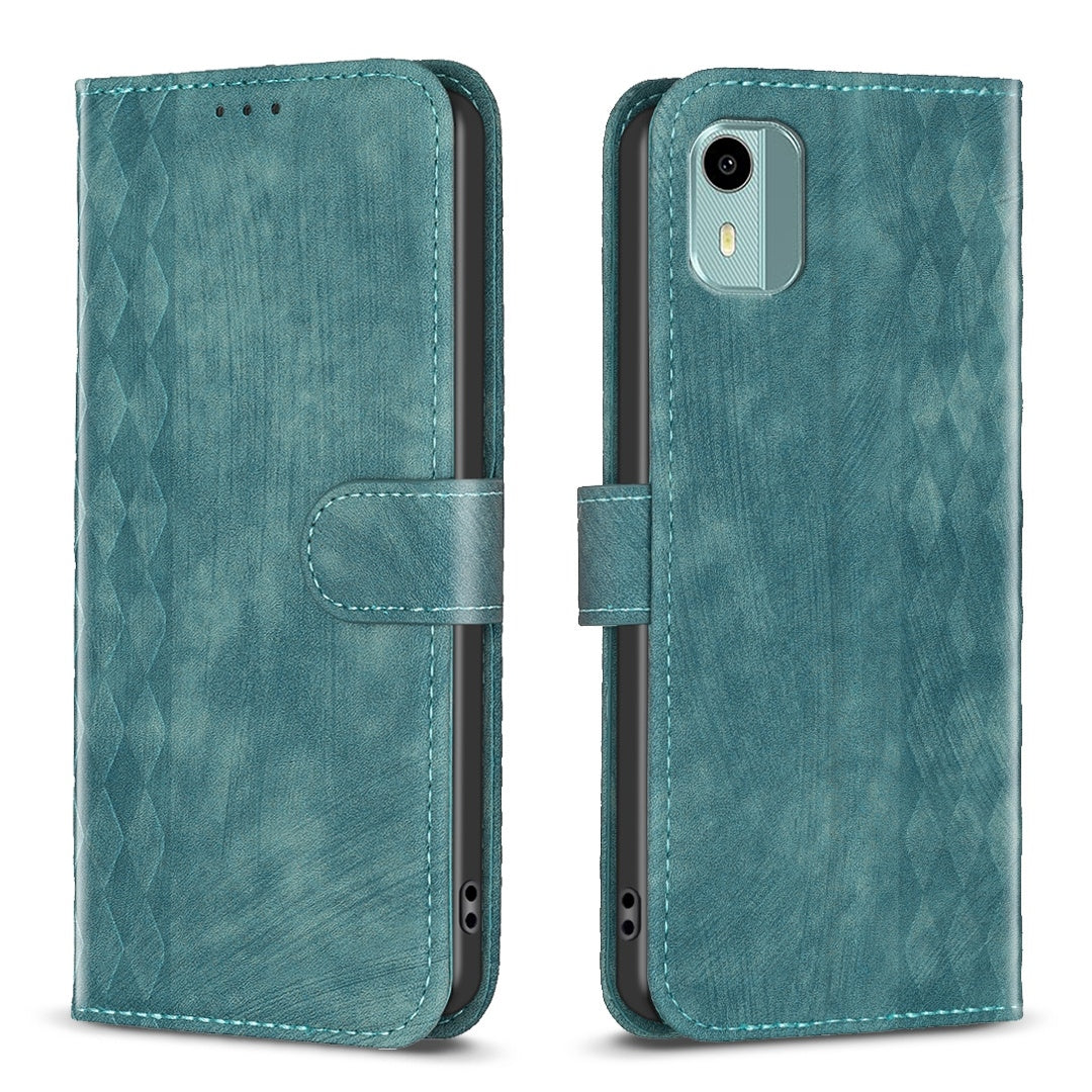 Nokia C12 Case - Embossed Plaid Leather Wallet Cover with Card Slots, Kickstand, and 360 degree Protection