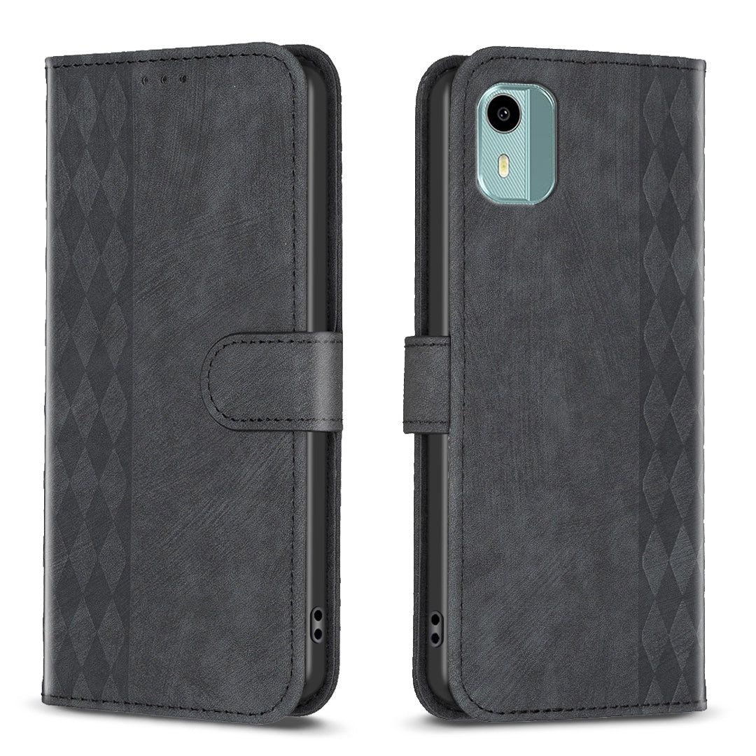 Nokia C12 Case - Embossed Plaid Leather Wallet Cover with Card Slots, Kickstand, and 360 degree Protection