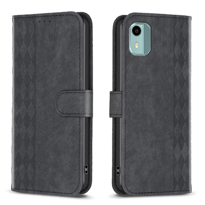 Nokia C12 Case - Embossed Plaid Leather Wallet Cover with Card Slots, Kickstand, and 360 degree Protection